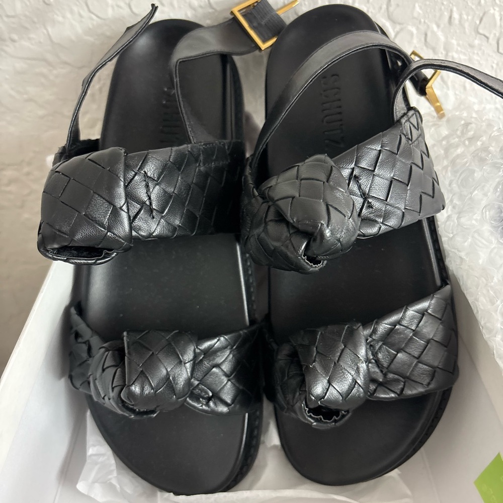 SCHUTZ Black Woven Leather Slides